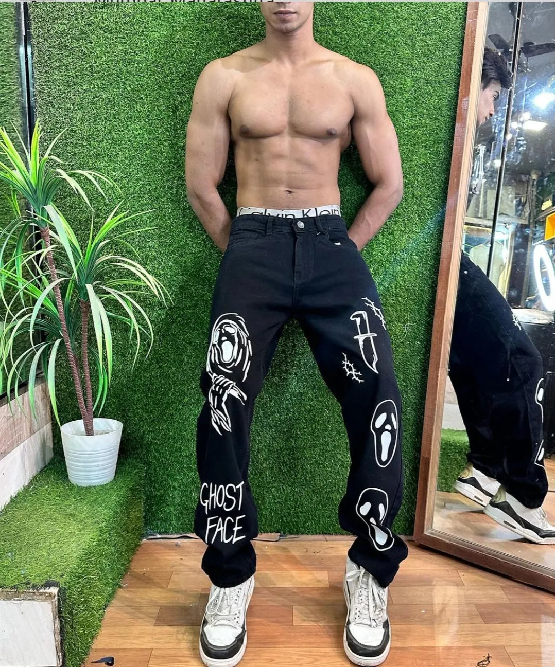 Aesthetic Gost Face Printed Straight fit baggy High Street Harajuku fashion Black Denim Jeans For Mens