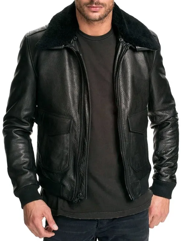 Air Force Leather Bomber Jacket Faux Fur Collar by TJS