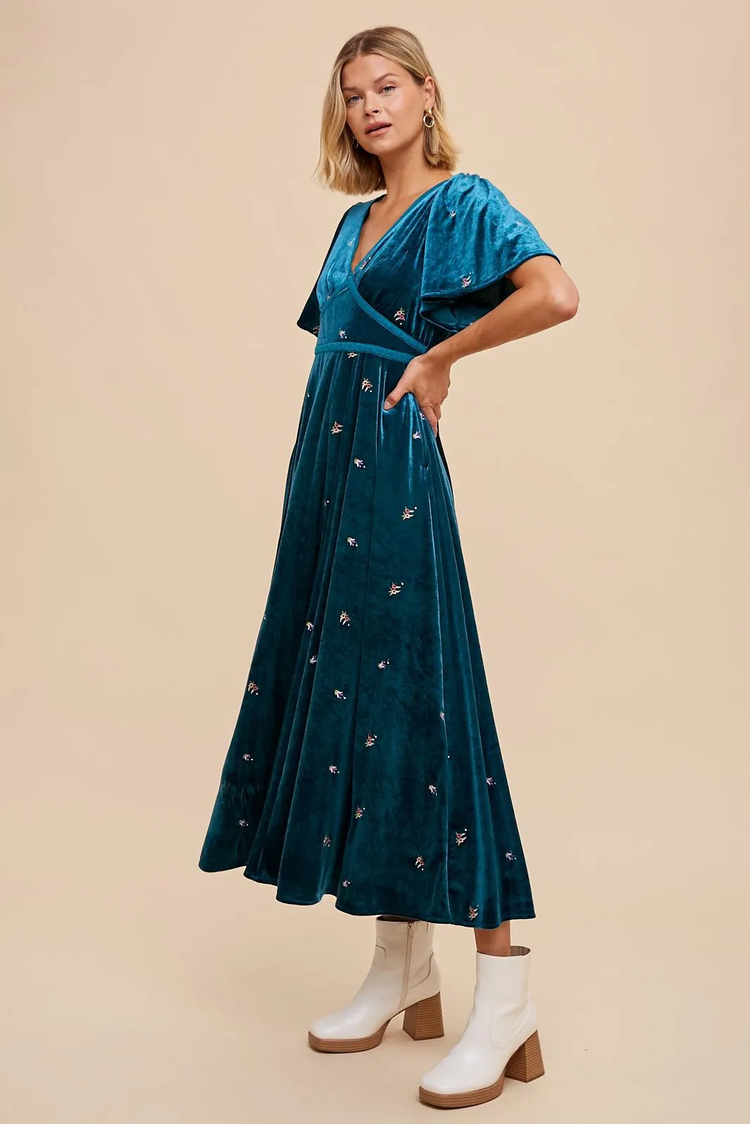 Alaina Velvet Embroidered Maxi Dress - Teal