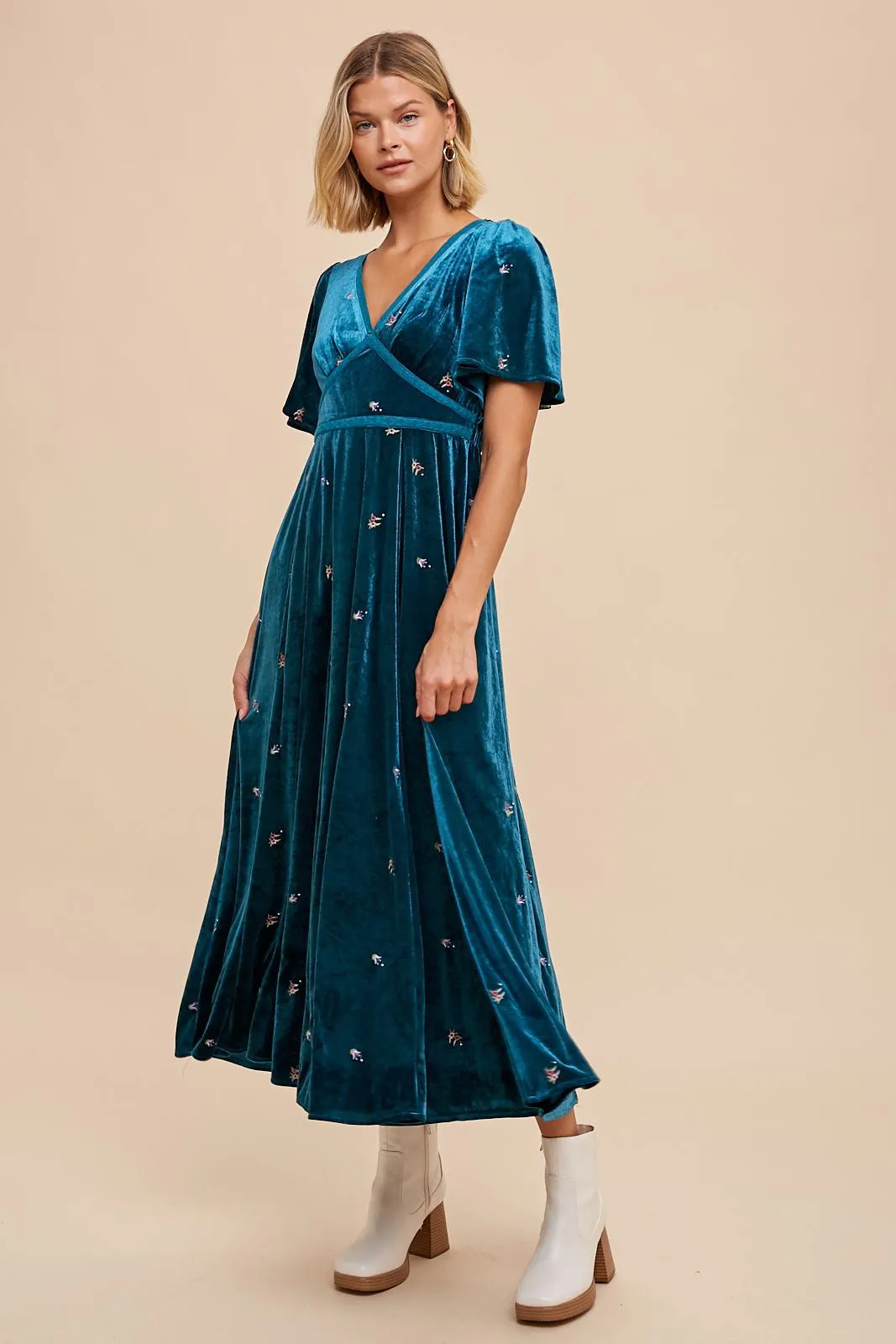 Alaina Velvet Embroidered Maxi Dress - Teal