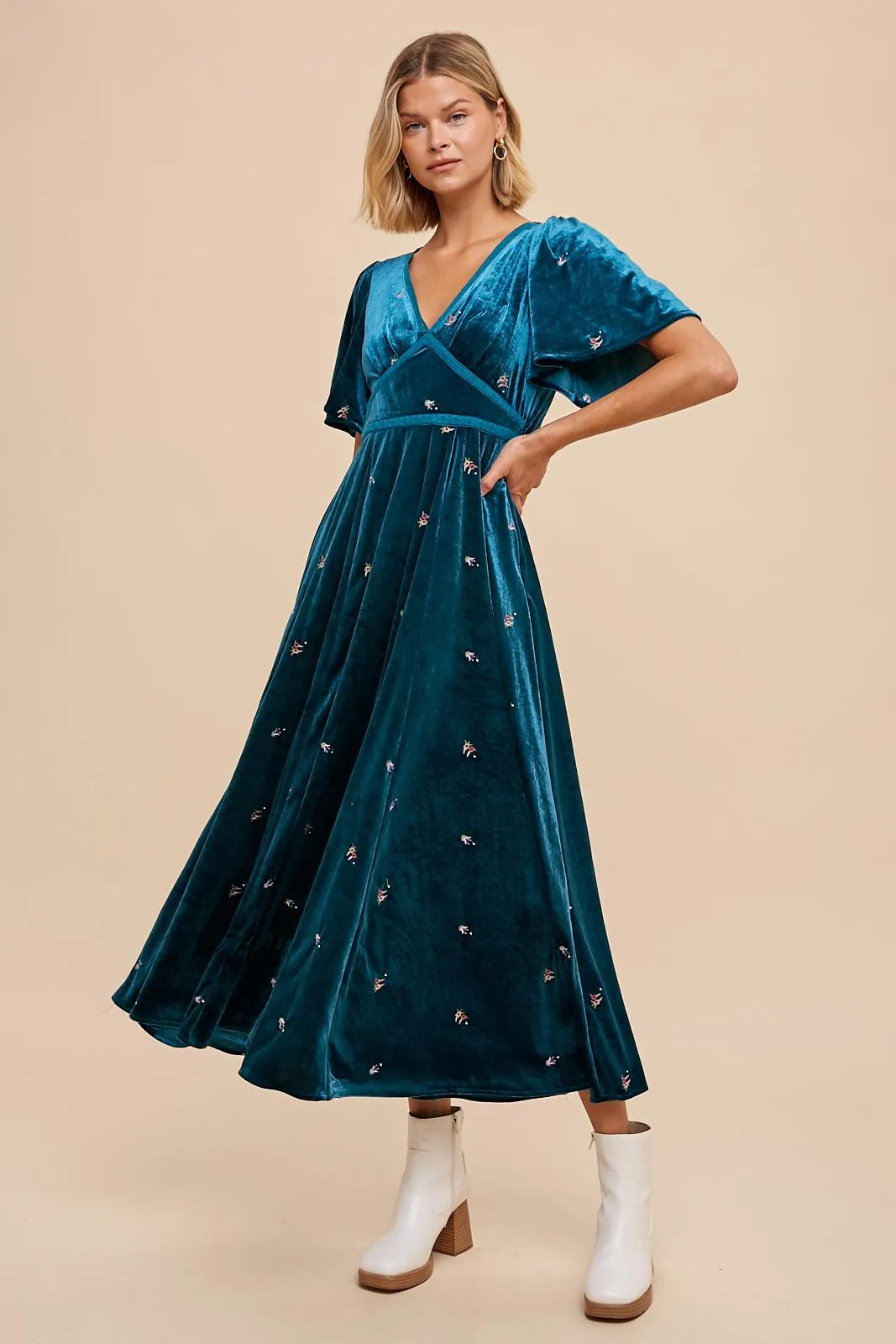 Alaina Velvet Embroidered Maxi Dress - Teal