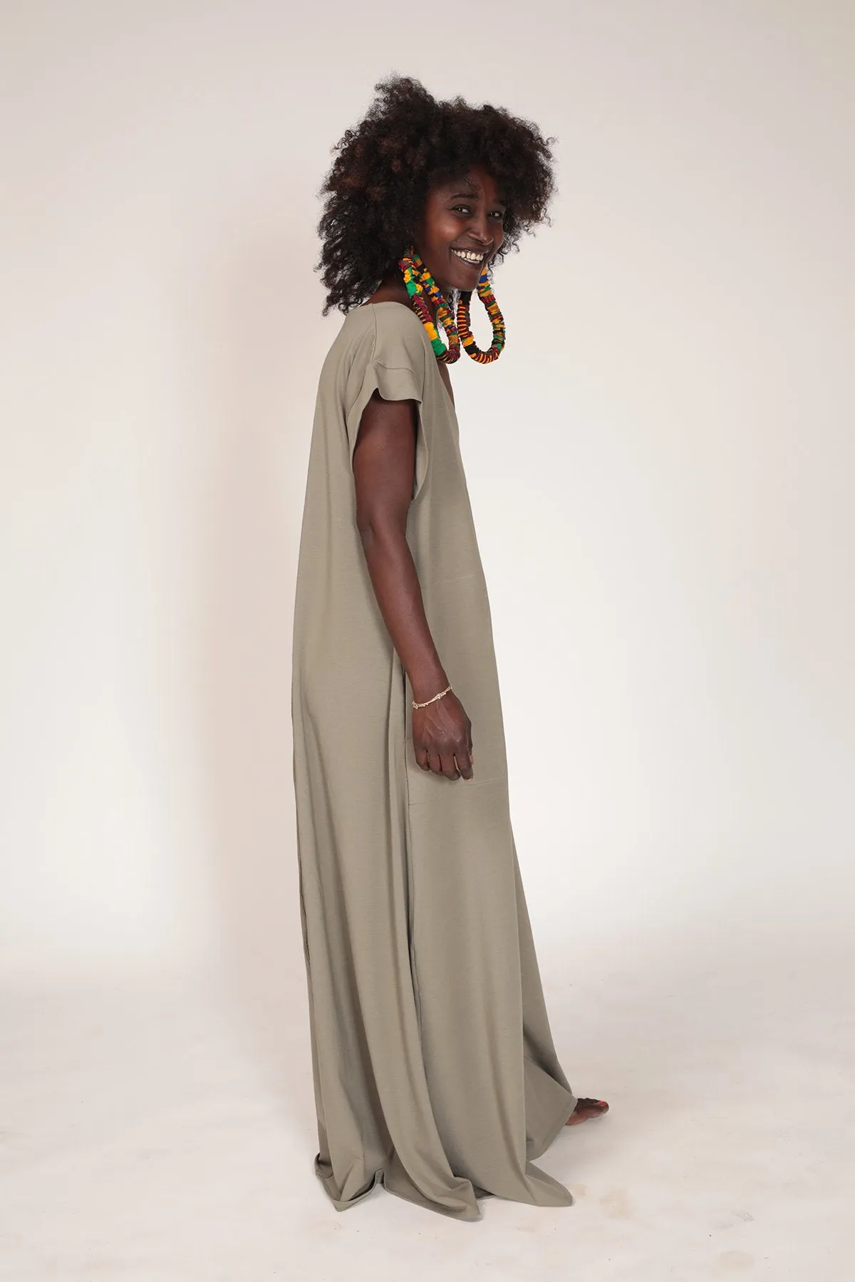 Almond Green Maxi Dress with Pockets