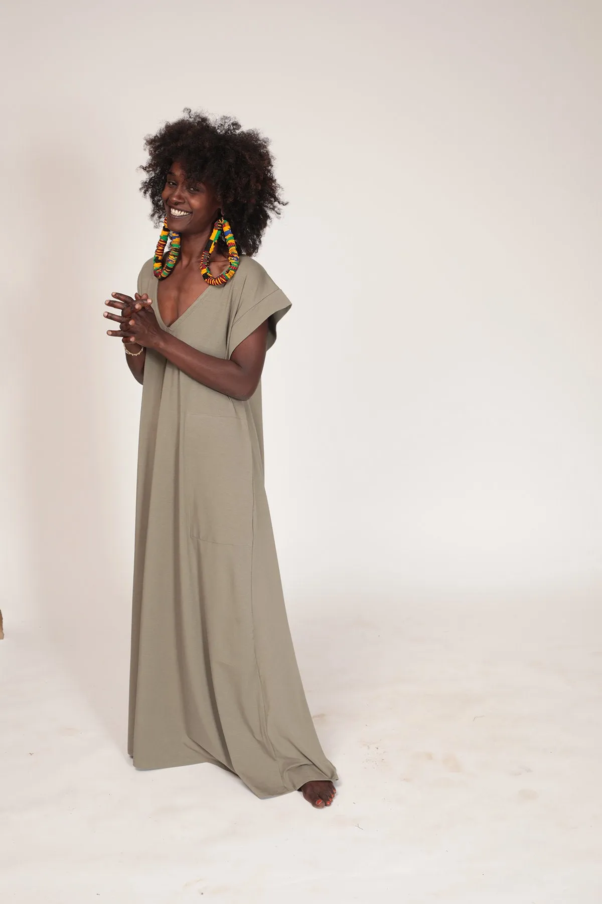 Almond Green Maxi Dress with Pockets