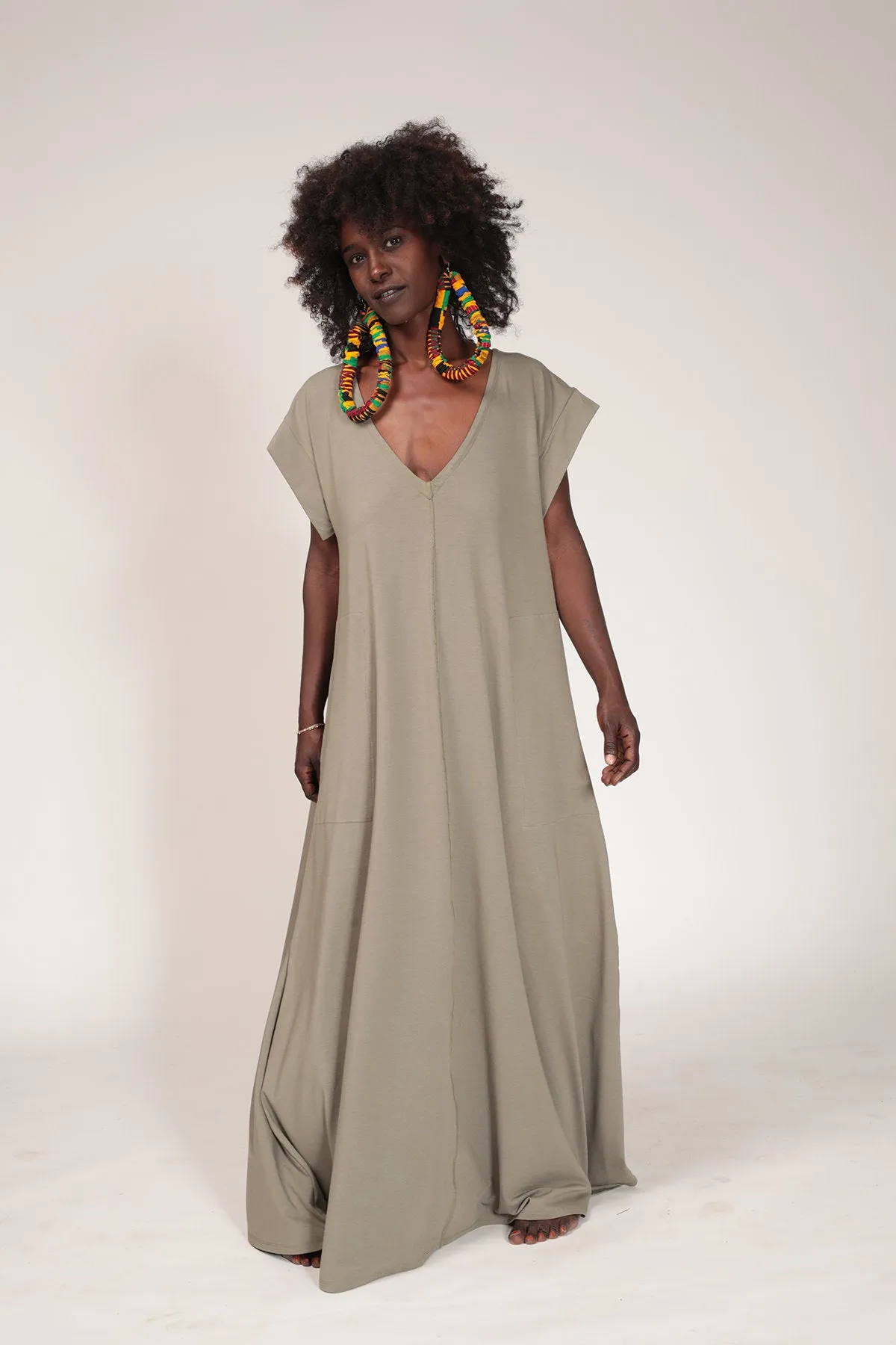 Almond Green Maxi Dress with Pockets