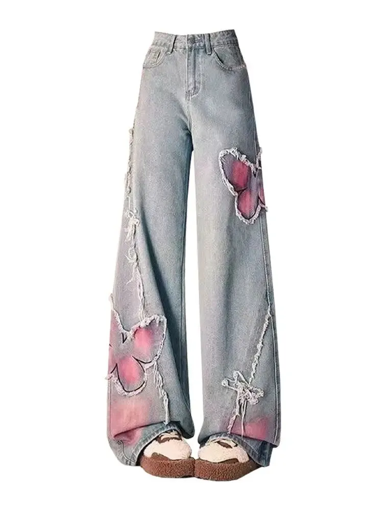 American Tie-dye Butterfly Embroidery Raw-edge Jeans for Women Fashion Street Hot Girl Wide Leg Pants Y2k Loose Mopping Pants