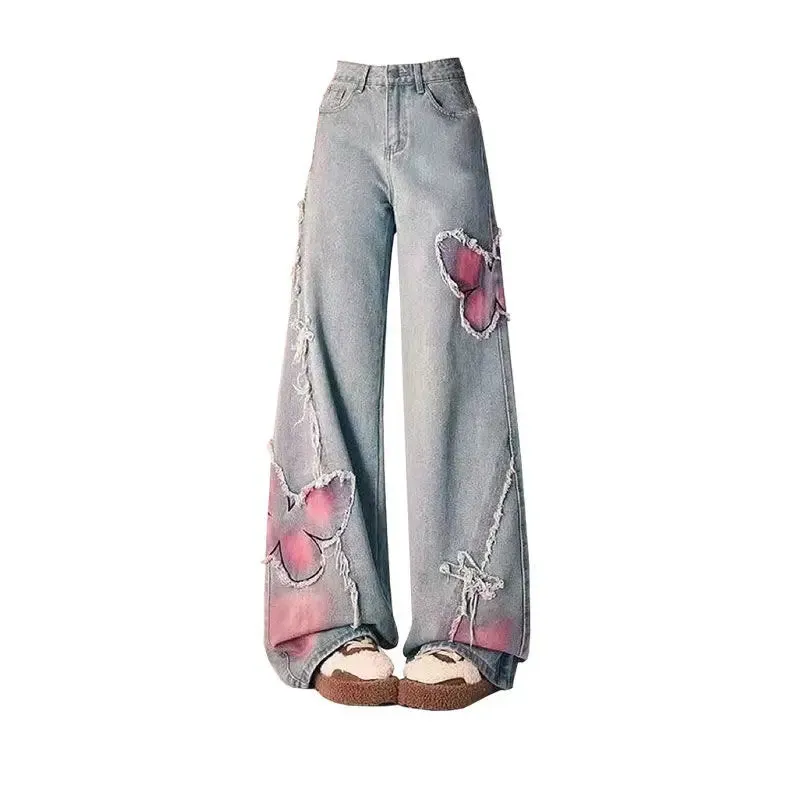 American Tie-dye Butterfly Embroidery Raw-edge Jeans for Women Fashion Street Hot Girl Wide Leg Pants Y2k Loose Mopping Pants