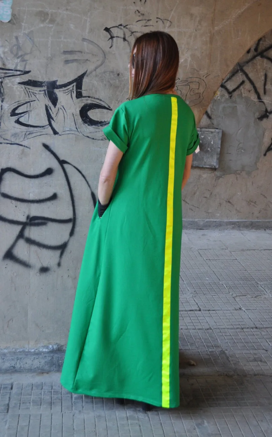 AMIRA Green Long Summer Dress With Back Stripe