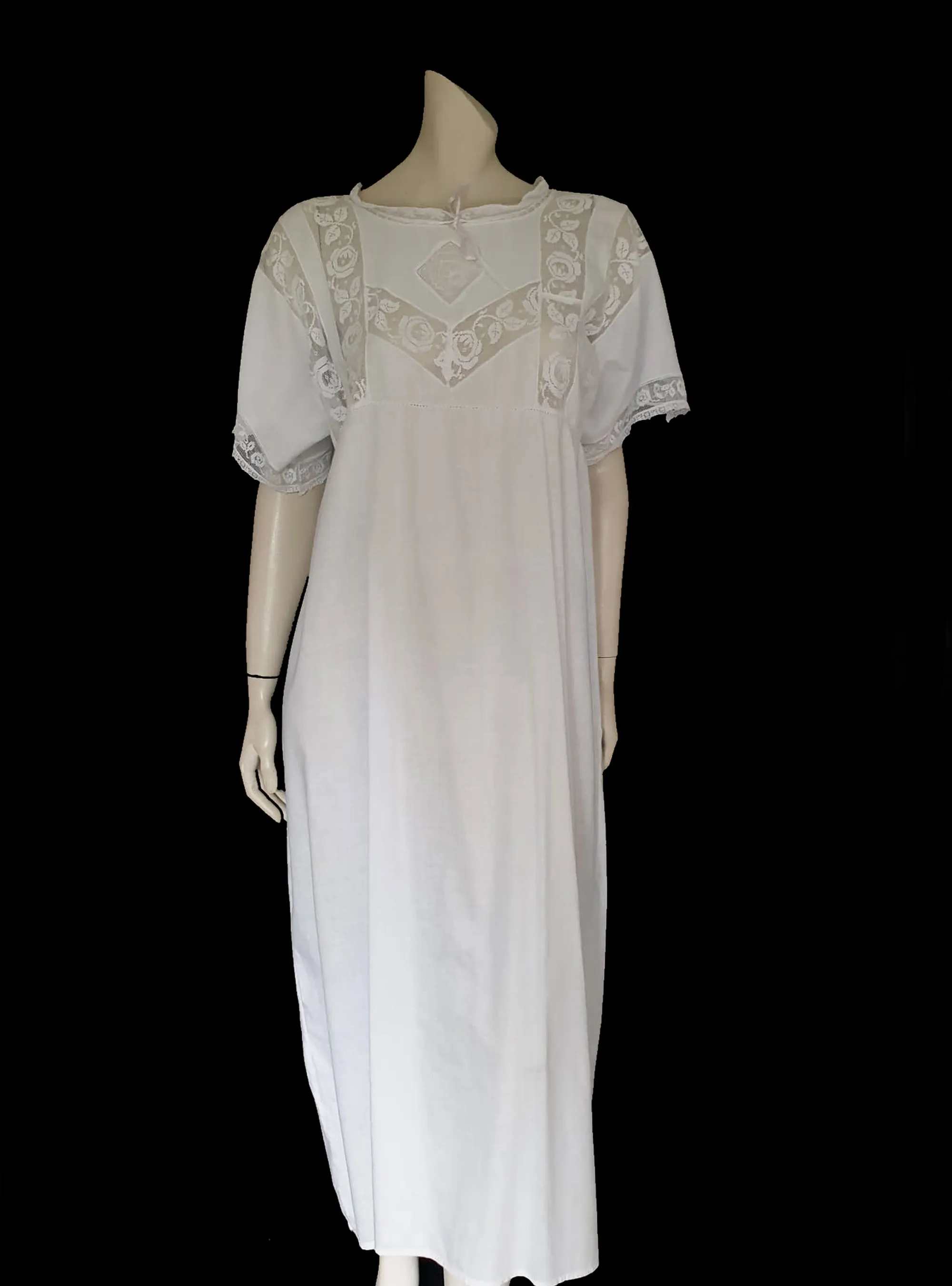 Antique, Edwardian White Lace Nightgown Dress With Embroidery - M