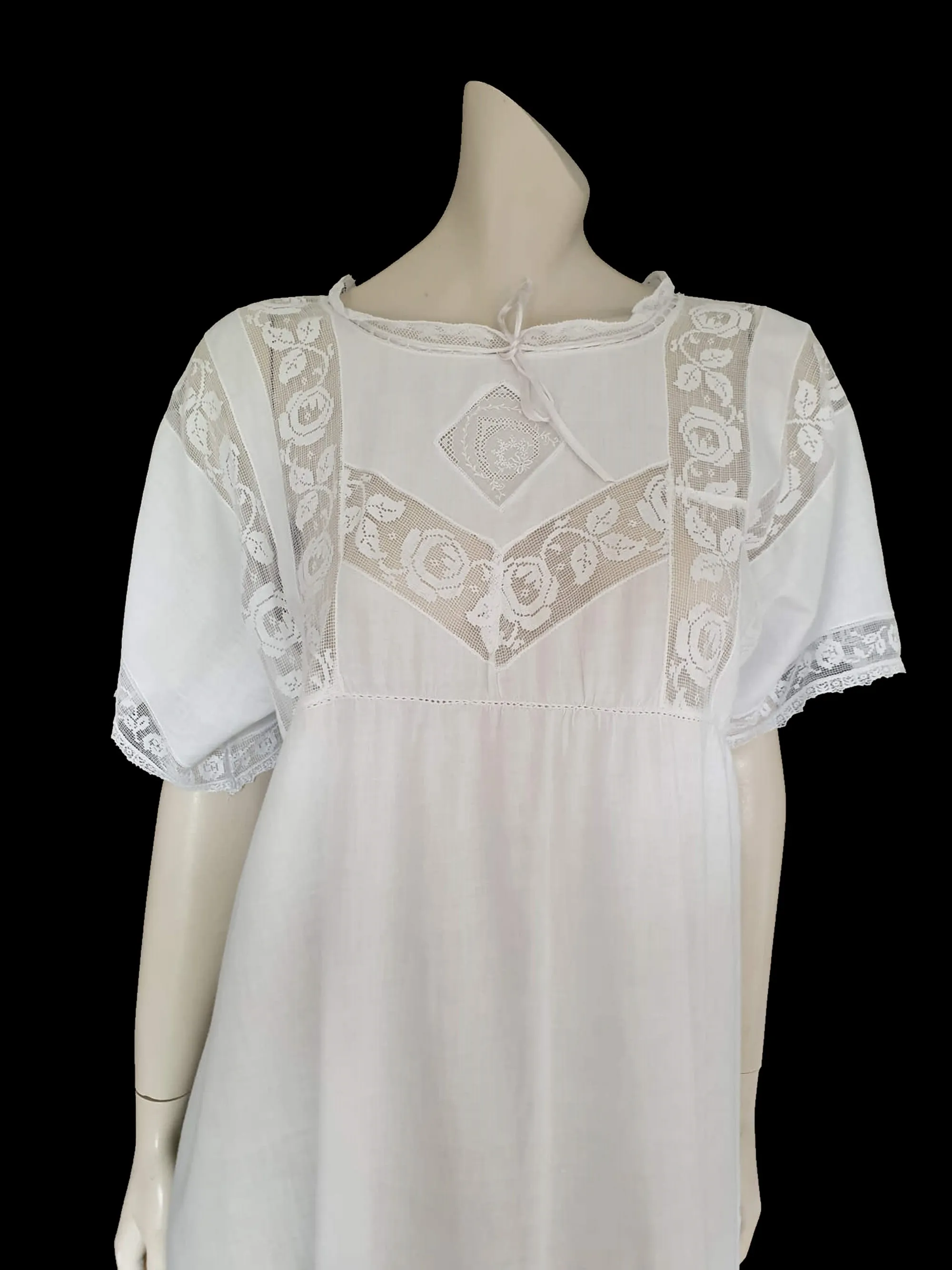 Antique, Edwardian White Lace Nightgown Dress With Embroidery - M