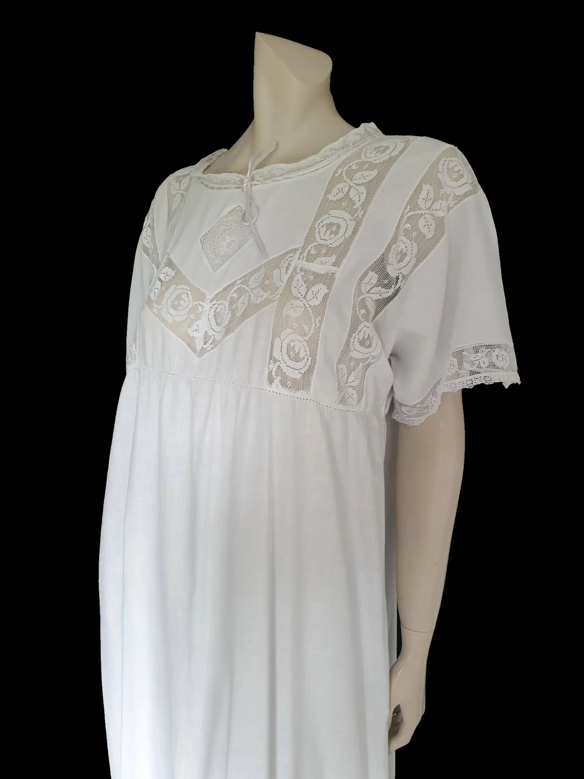 Antique, Edwardian White Lace Nightgown Dress With Embroidery - M