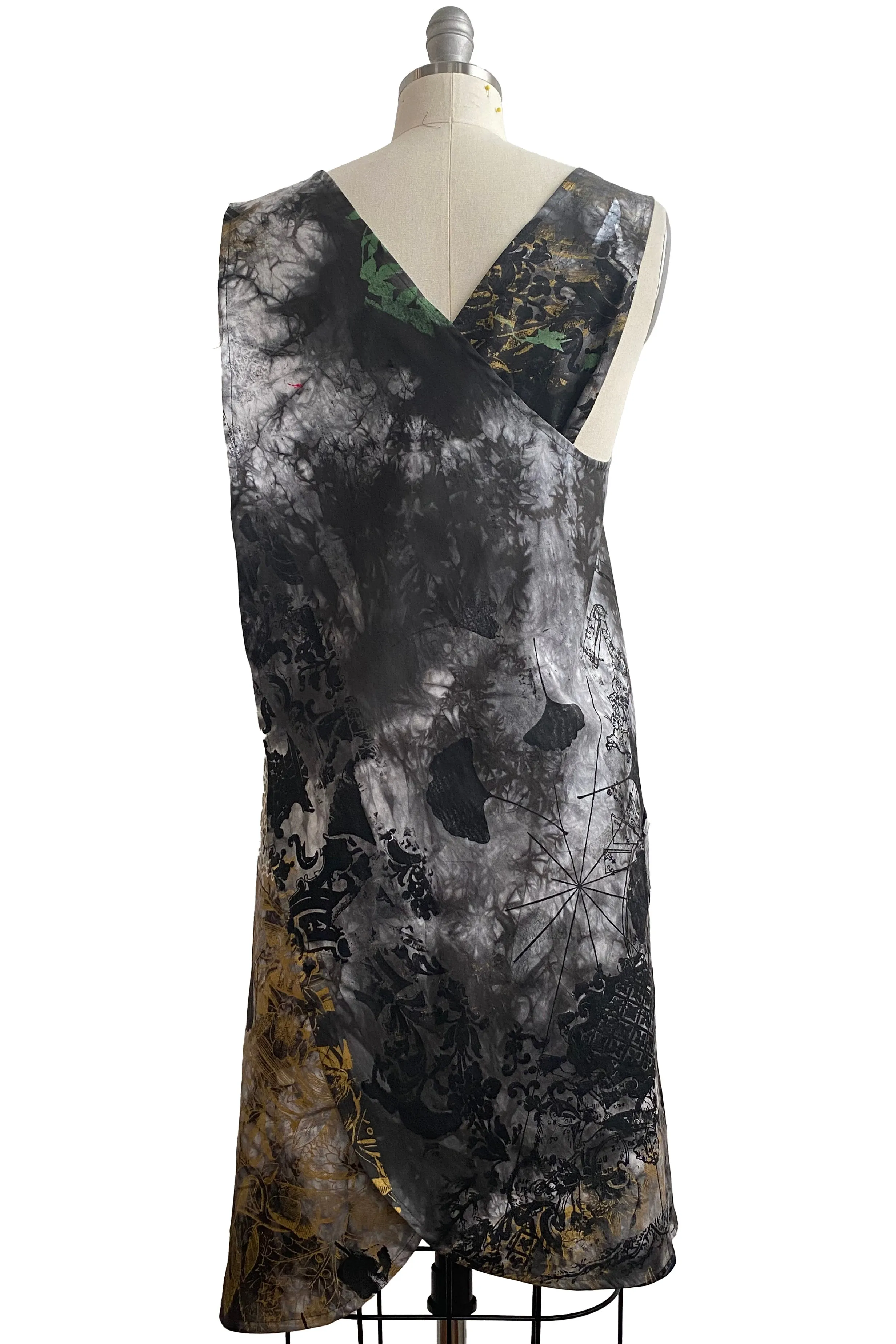 Apron Dress in Cotton w/ Chaos Print & Tie Dye - Storm, Gold, & Pink Accent