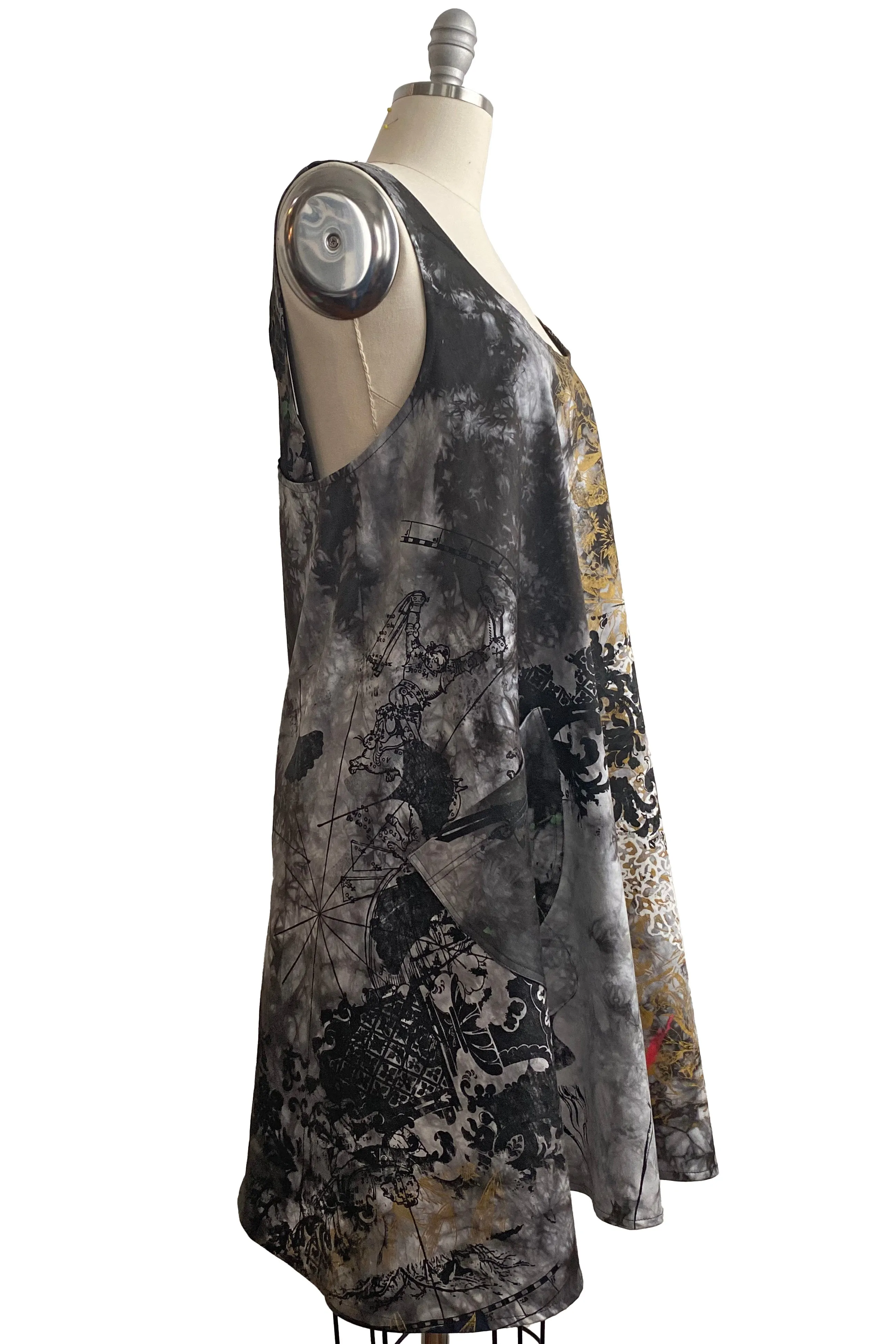 Apron Dress in Cotton w/ Chaos Print & Tie Dye - Storm, Gold, & Pink Accent