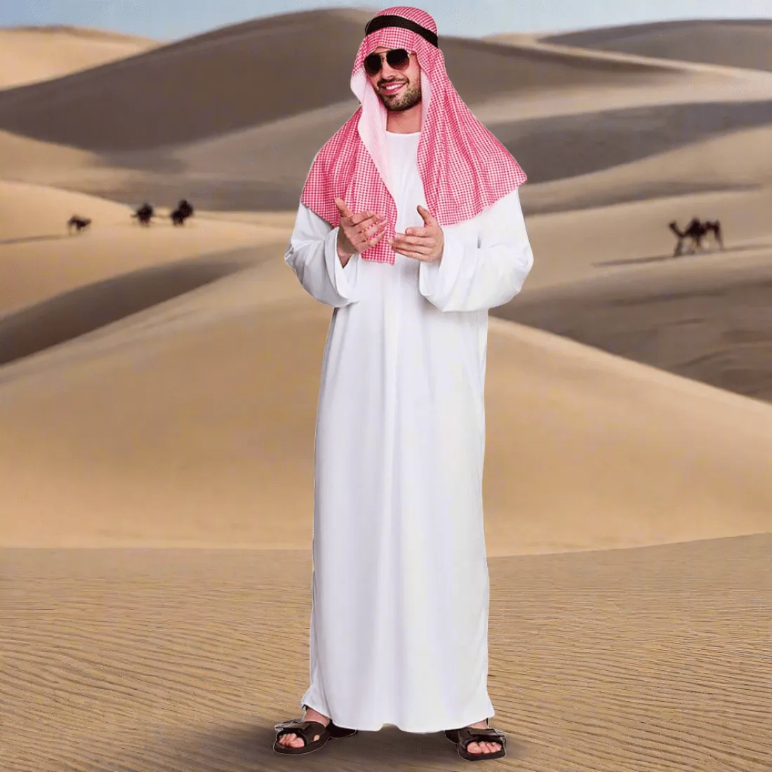 Arab Sheikh Fancy Dress Costume White Robe Red Scarf Mens