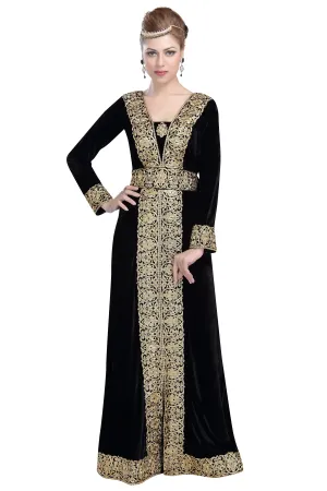 Arabian Kaftan in Black Velvet Long Maxi Gown