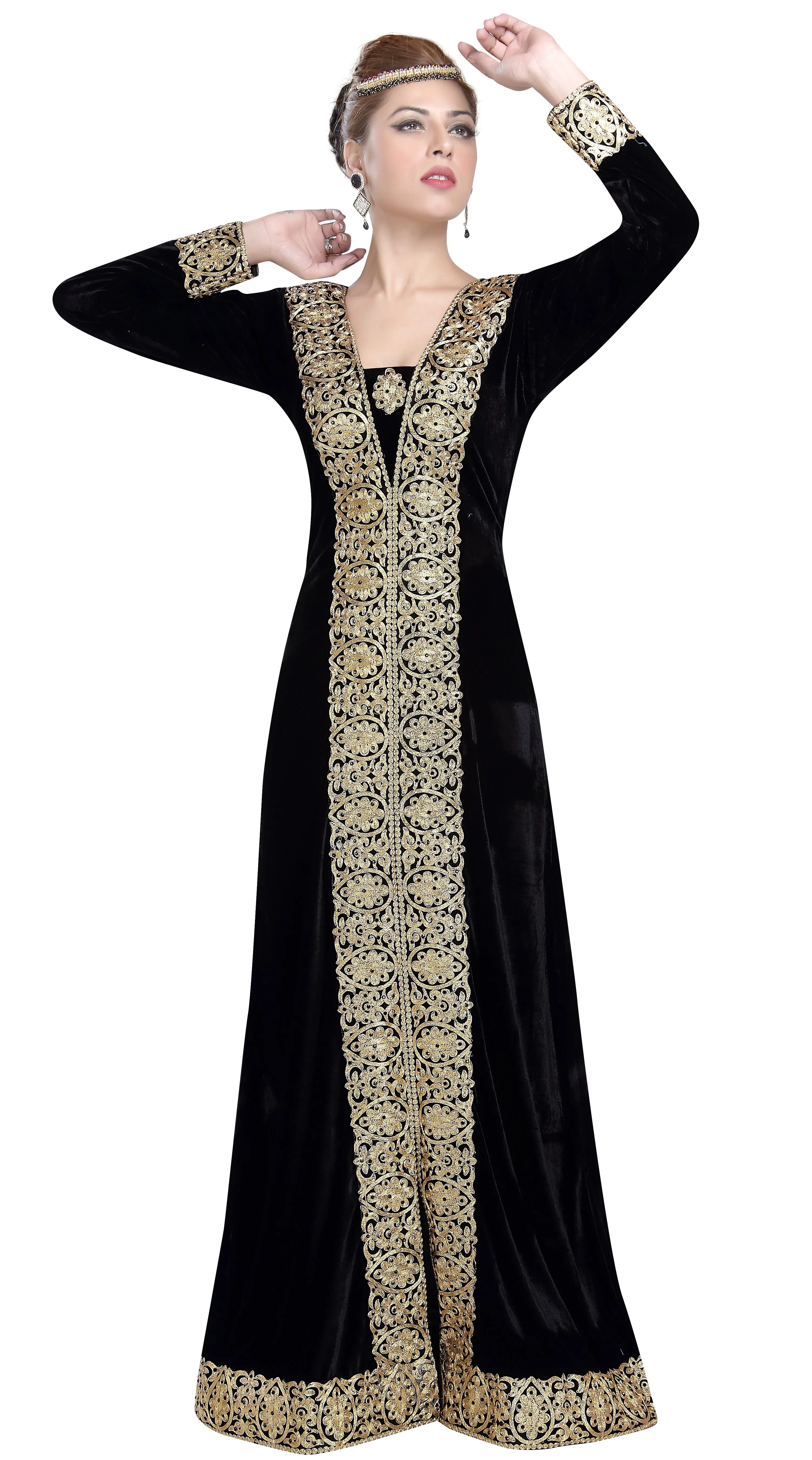 Arabian Kaftan in Black Velvet Long Maxi Gown