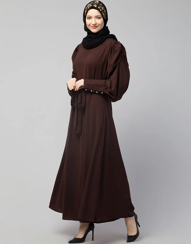 Arabic Long Cuff Gathered Puffed Sleeve Brown Color Abaya Brown