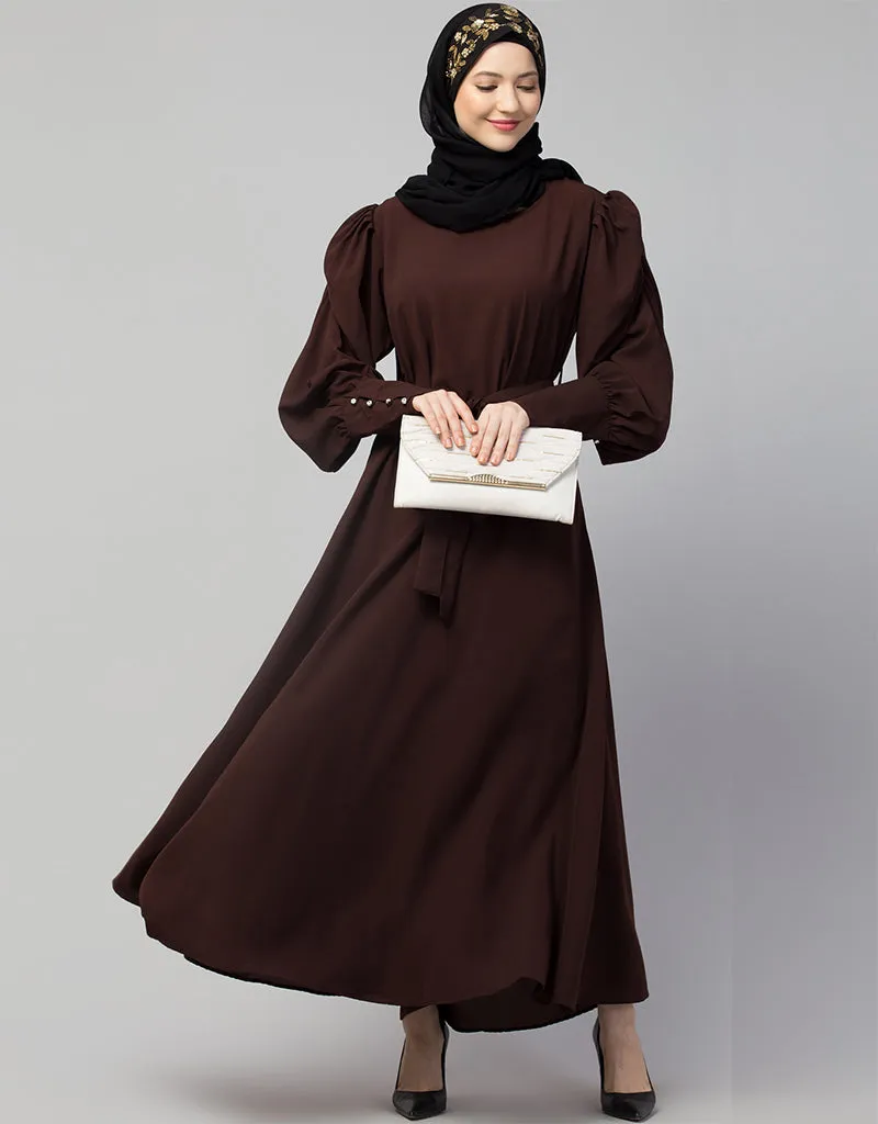 Arabic Long Cuff Gathered Puffed Sleeve Brown Color Abaya Brown