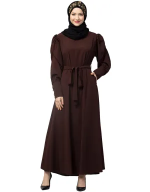 Arabic Long Cuff Gathered Puffed Sleeve Brown Color Abaya Brown