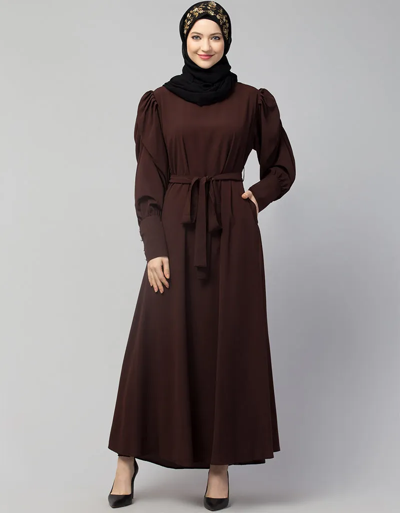 Arabic Long Cuff Gathered Puffed Sleeve Brown Color Abaya Brown