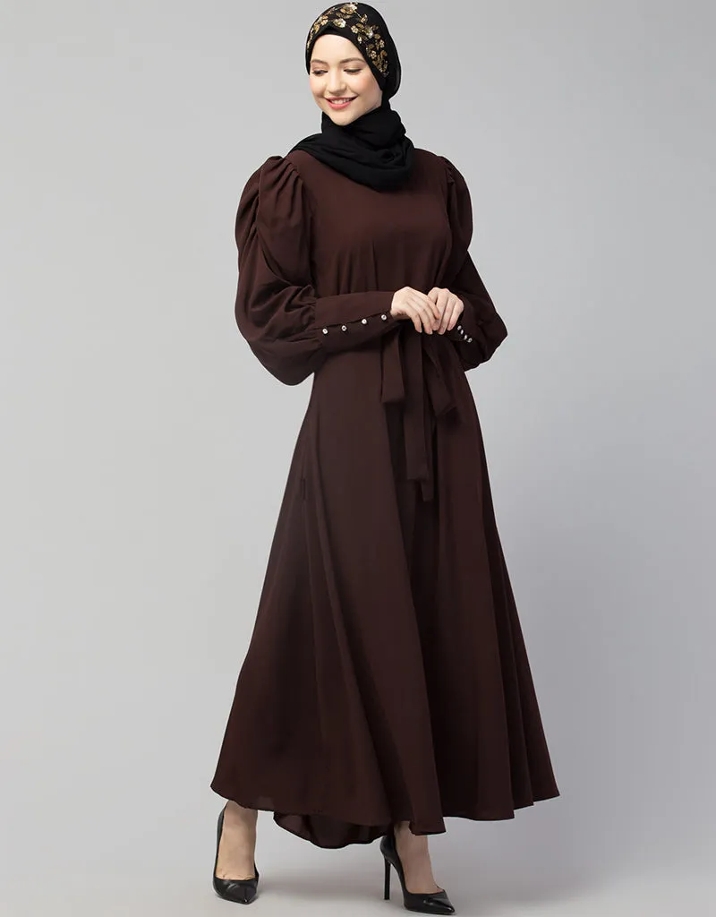 Arabic Long Cuff Gathered Puffed Sleeve Brown Color Abaya Brown