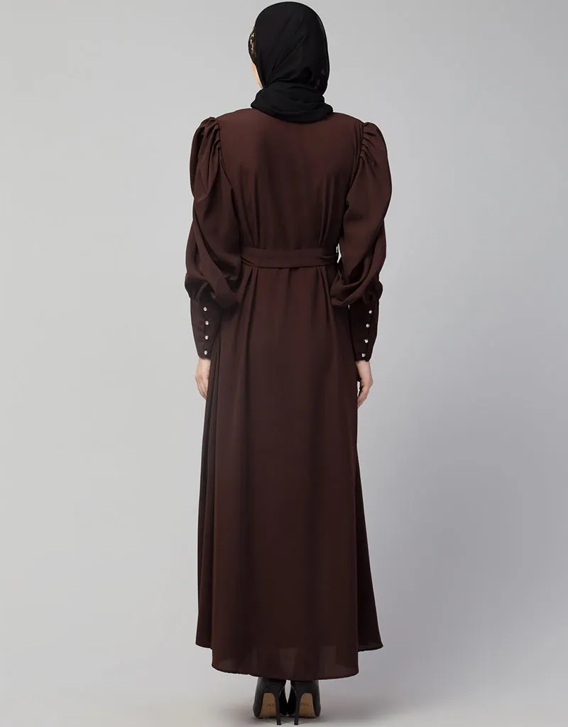 Arabic Long Cuff Gathered Puffed Sleeve Brown Color Abaya Brown