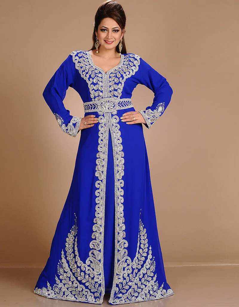 Arabic Royal Blue Georgette Hand Embroidery Party Wear Kaftan