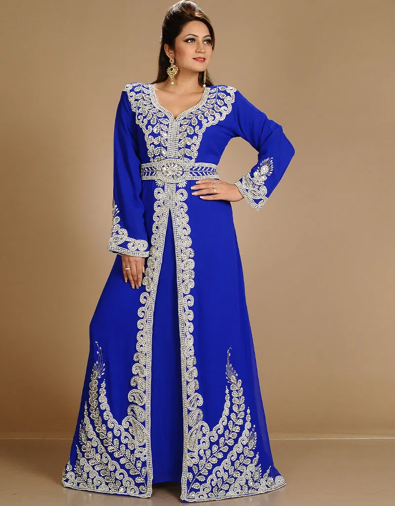 Arabic Royal Blue Georgette Hand Embroidery Party Wear Kaftan