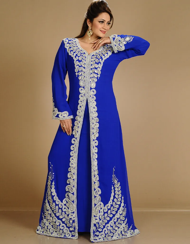 Arabic Royal Blue Georgette Hand Embroidery Party Wear Kaftan