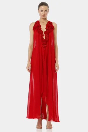 Architect's House Hot Red Sheer Maxi Dress With 3D Flower Neckline