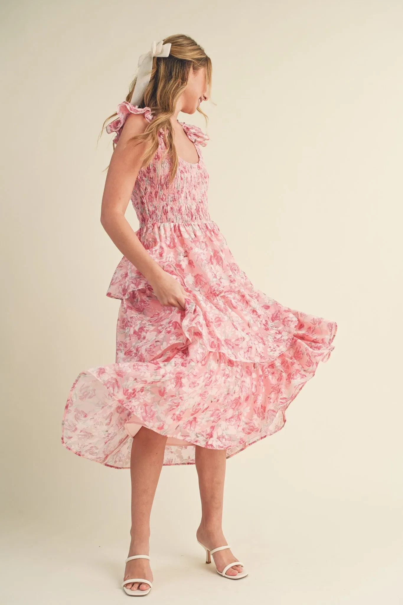 Ariana Ruffle Sleeve Tiered Floral Midi Dress - Pink