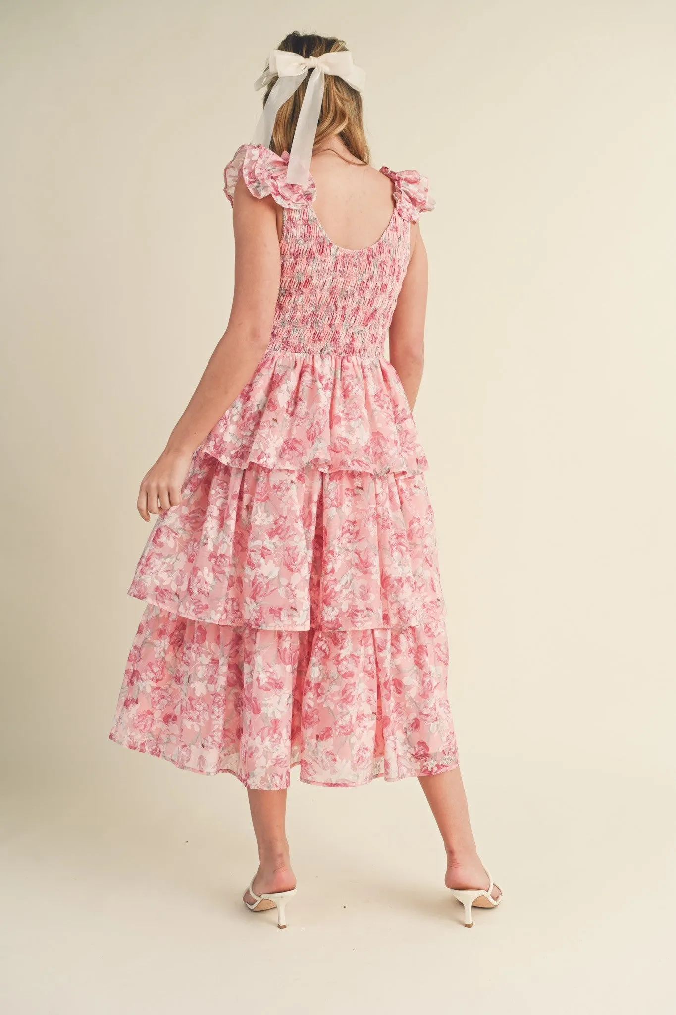 Ariana Ruffle Sleeve Tiered Floral Midi Dress - Pink