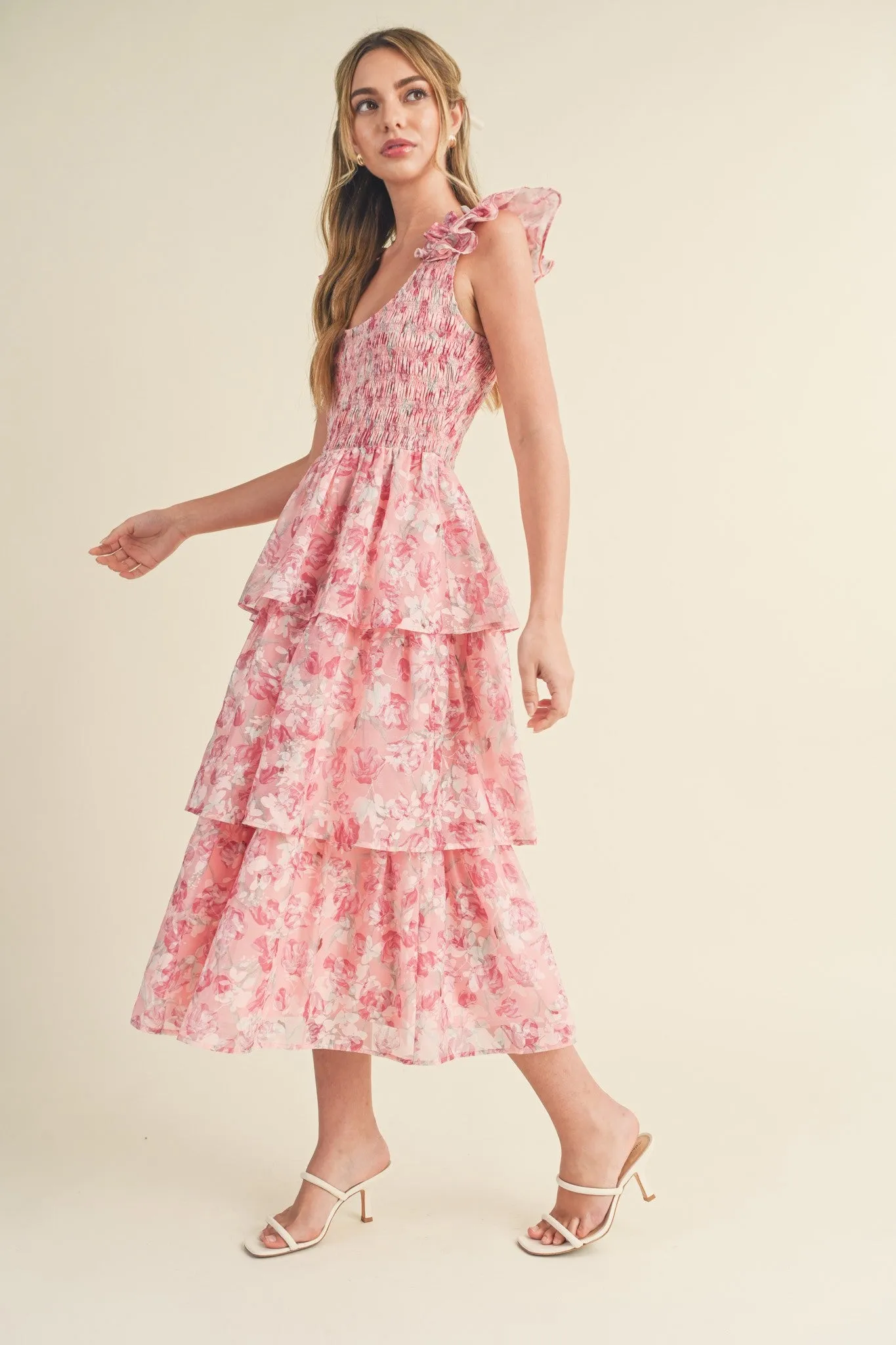 Ariana Ruffle Sleeve Tiered Floral Midi Dress - Pink