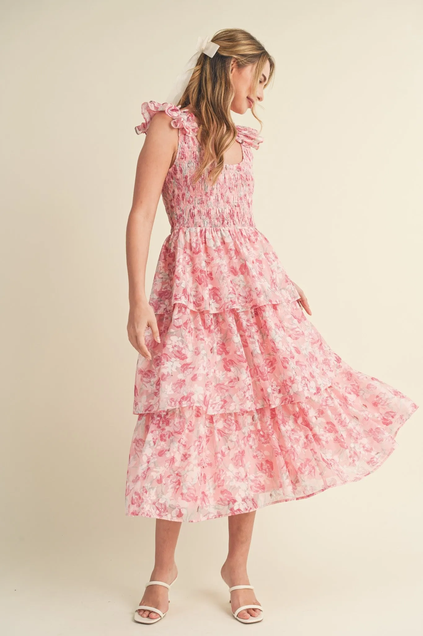 Ariana Ruffle Sleeve Tiered Floral Midi Dress - Pink