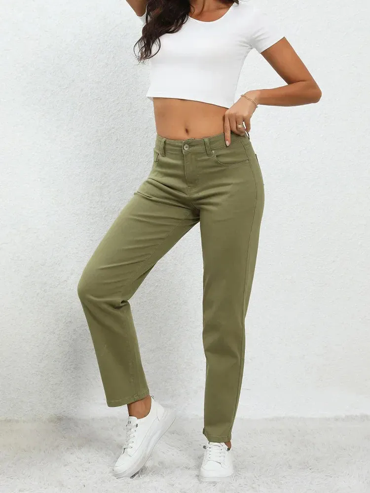 Army Green Mid Waisted Denim Women Fashion 2024 Spring Summer Casual Straight Leg Jeans