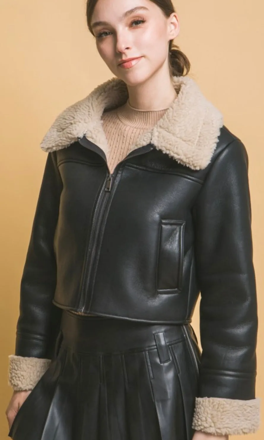 Armyn Black Vegan Leather Shearling Contrast Side Pocket Jacket