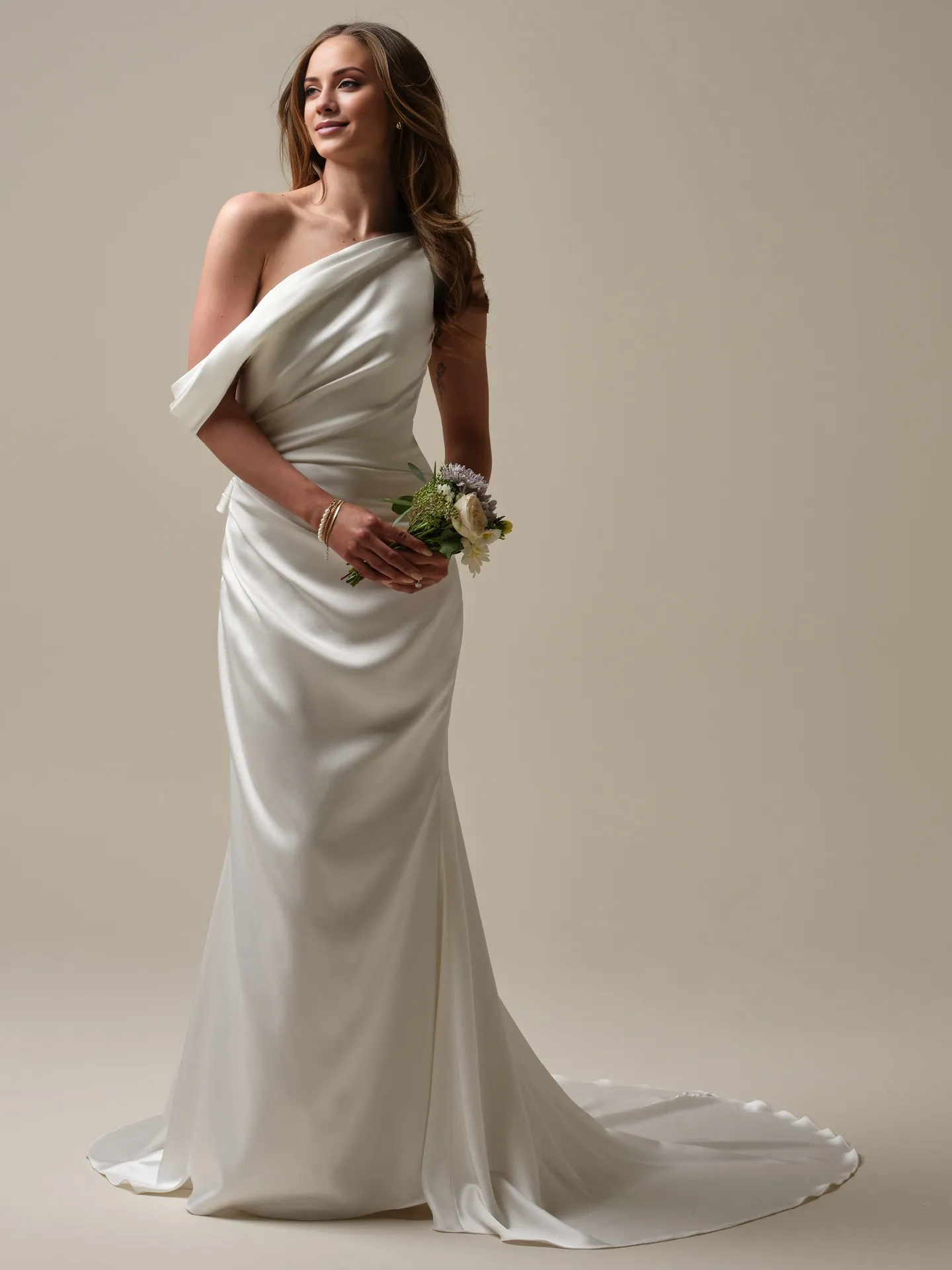 Asymmetric pleated cape tight and floor length wedding dress