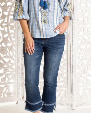 Asymmetrical Fringe Kick Crop Jean