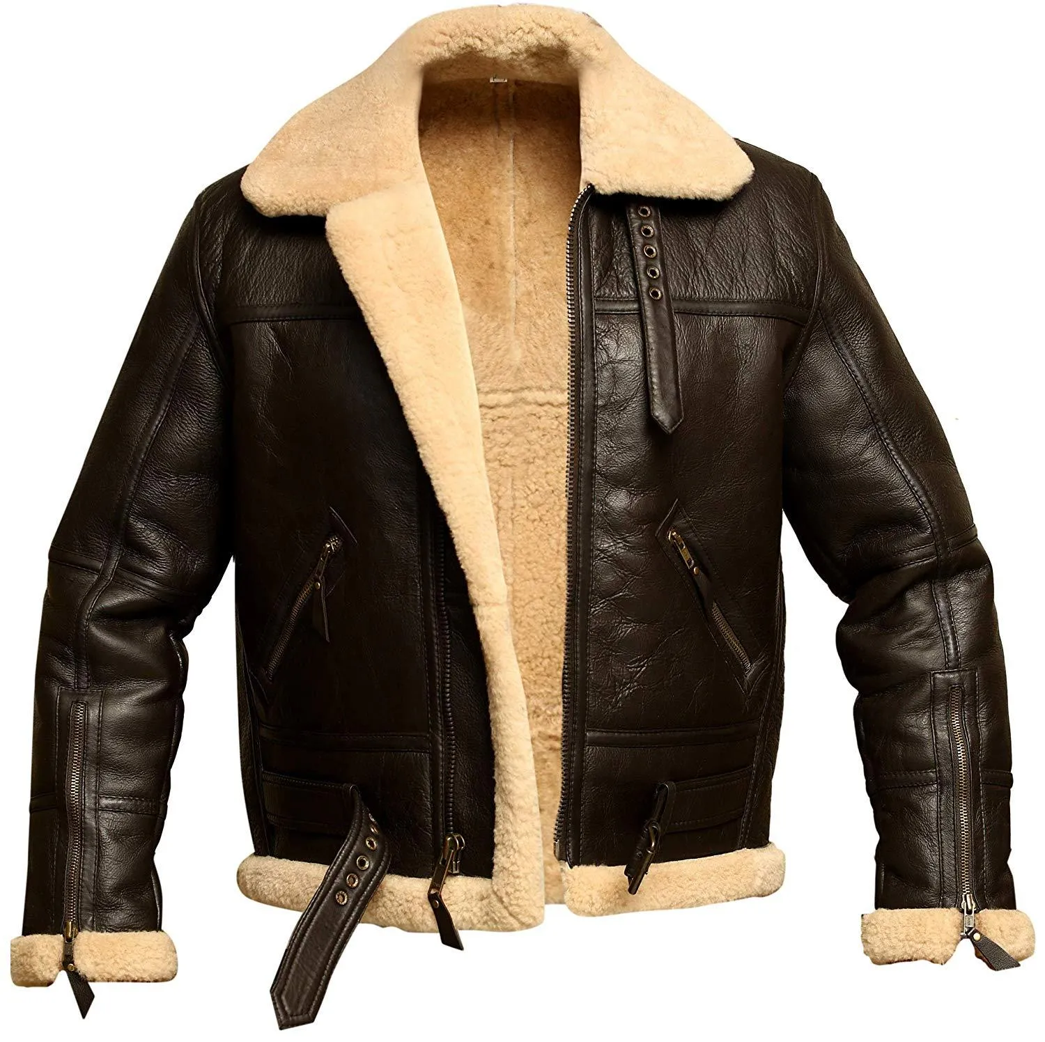 B3 RAF Brown Bomber Shearling Real Sheepskin Aviator Leather Jacket For Men