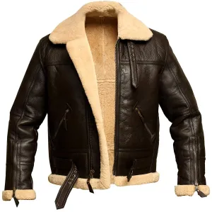 B3 RAF Brown Bomber Shearling Real Sheepskin Aviator Leather Jacket For Men