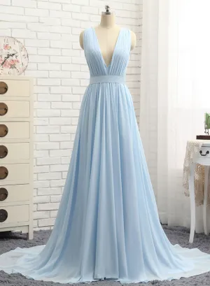 Baby Blue Chiffon Floor Length Prom Dress, Simple V-Neck Backless Evening Dress