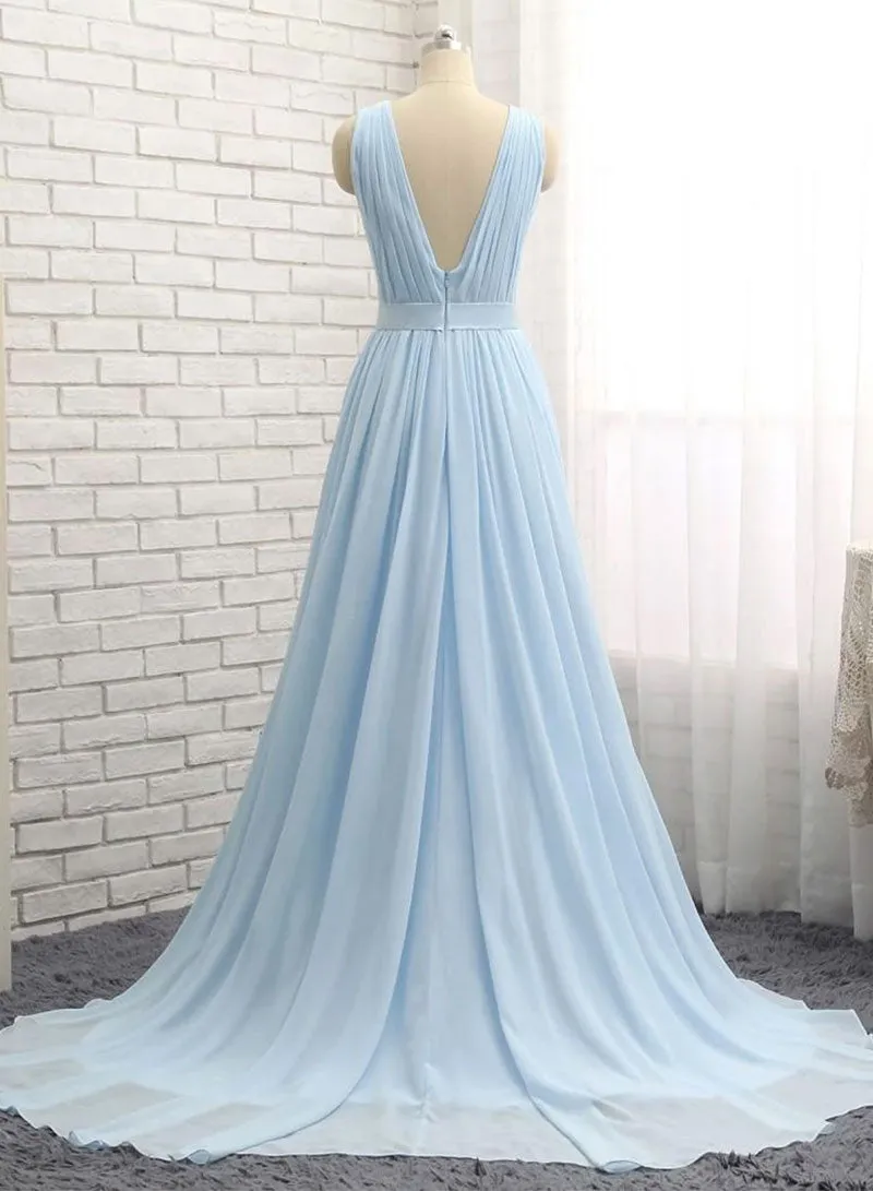 Baby Blue Chiffon Floor Length Prom Dress, Simple V-Neck Backless Evening Dress