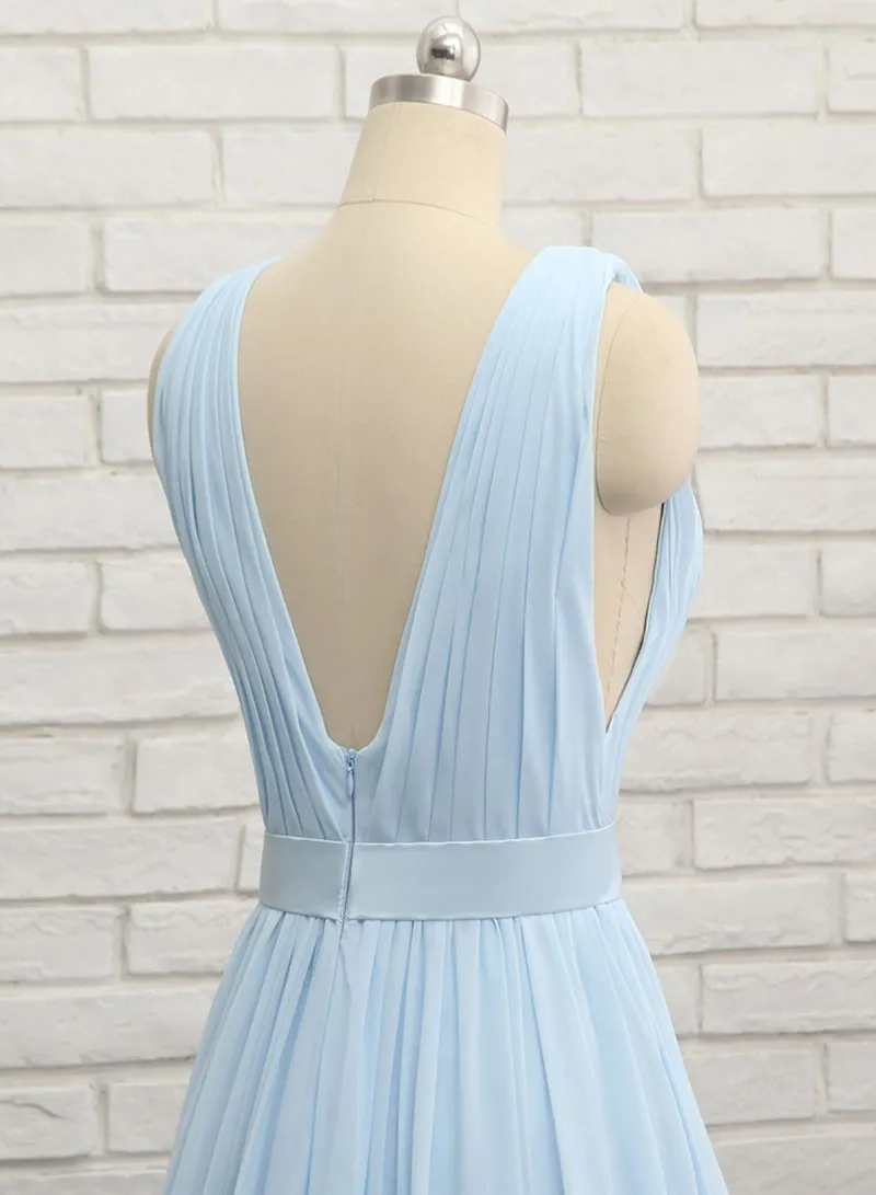 Baby Blue Chiffon Floor Length Prom Dress, Simple V-Neck Backless Evening Dress