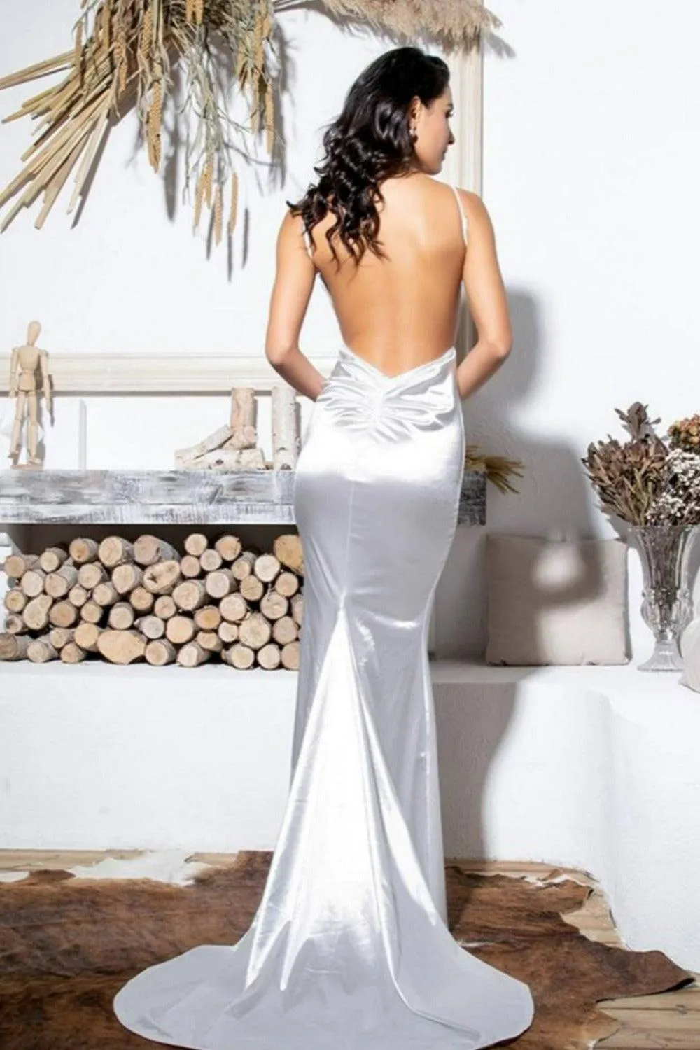 Backless Satin Dress In White