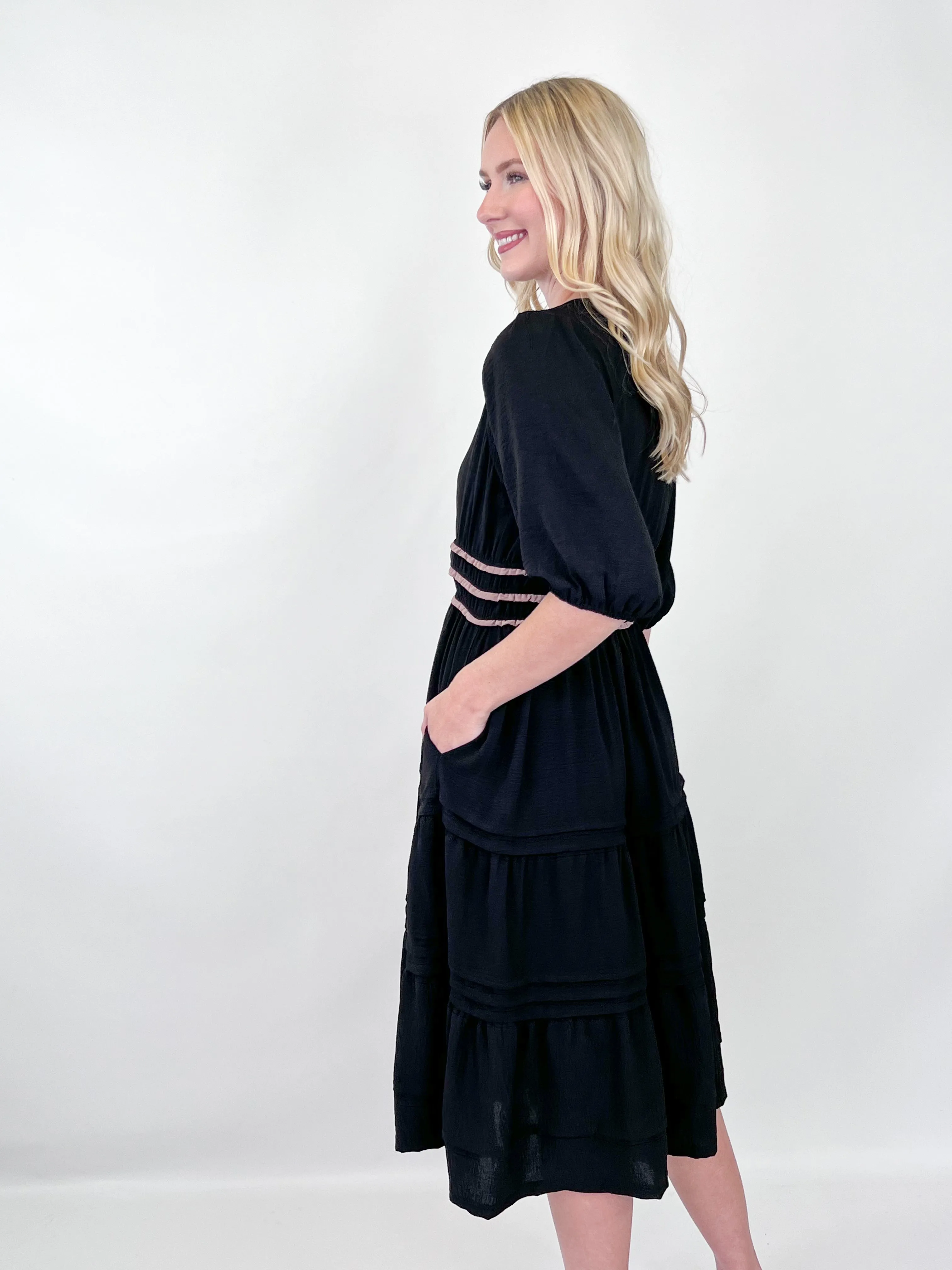 Bailey - Puff Sleeve Contrast Tiered Midi Dress