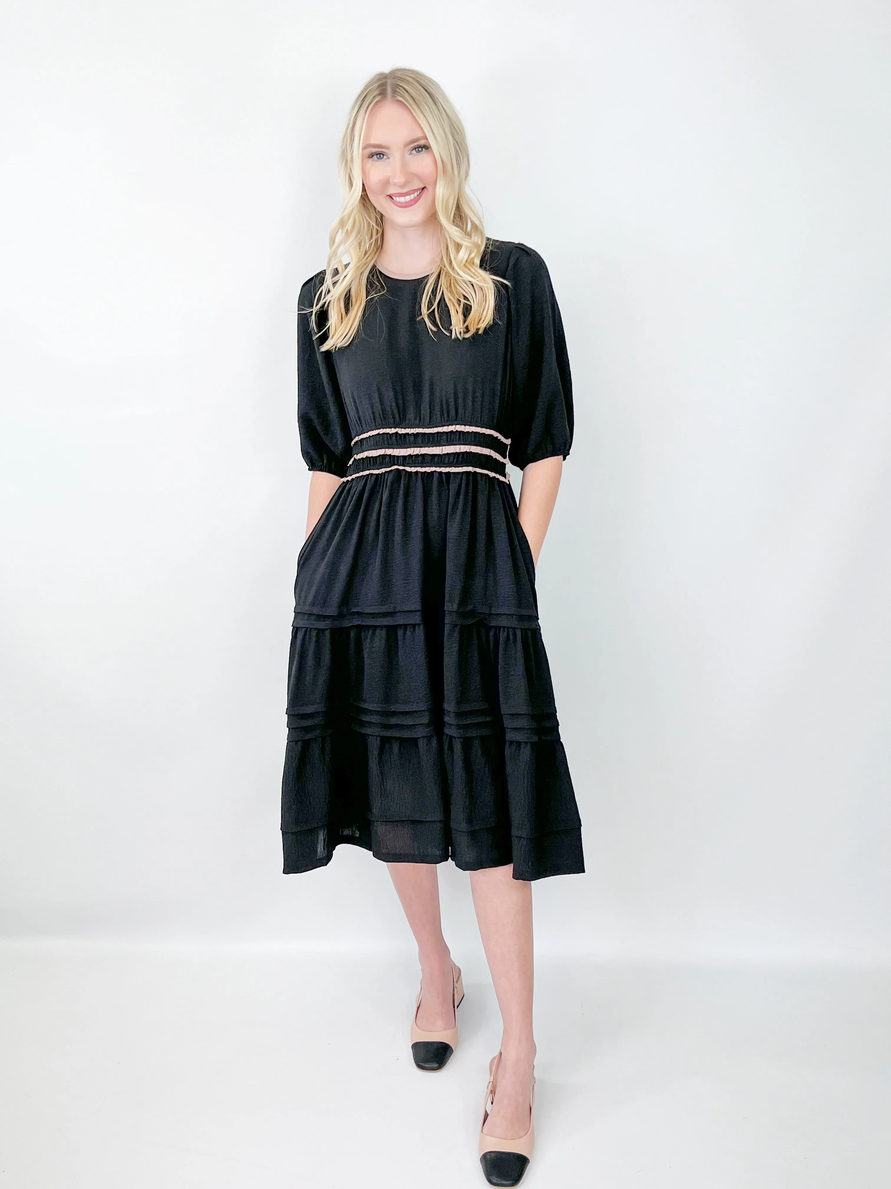 Bailey - Puff Sleeve Contrast Tiered Midi Dress