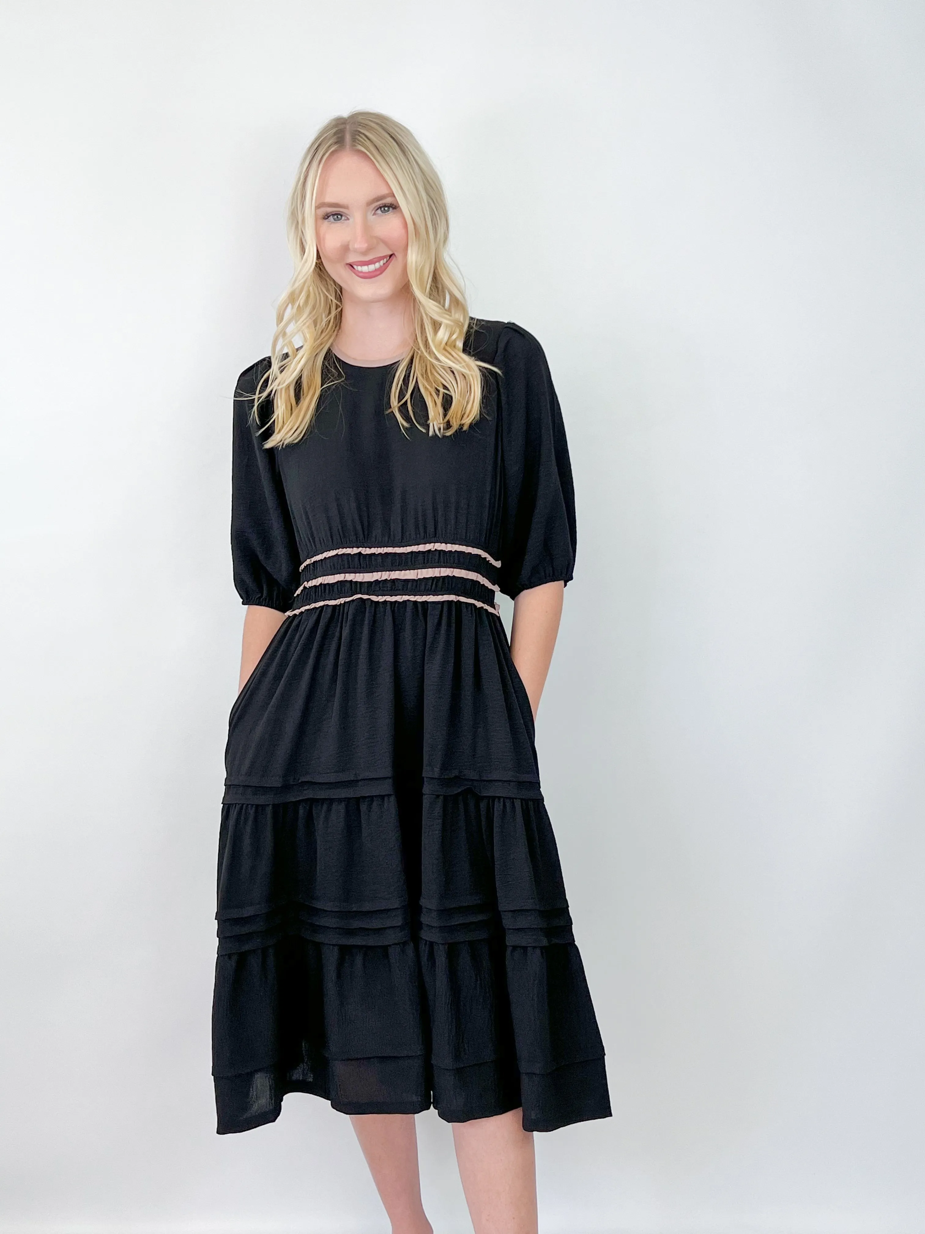 Bailey - Puff Sleeve Contrast Tiered Midi Dress