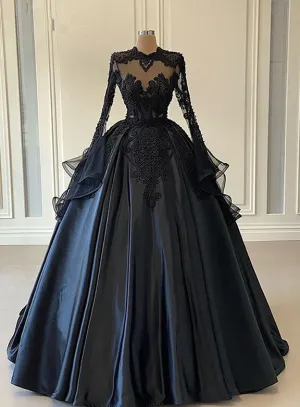 Ball Gown Black Long Sleeves Lace Prom Dresses,Beading Formal Evening Dresses       fg367