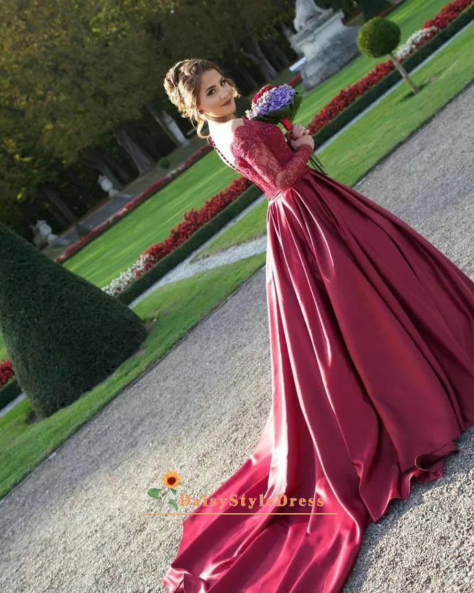 Ball Gown Long Sleeve Burgundy Wedding Dress