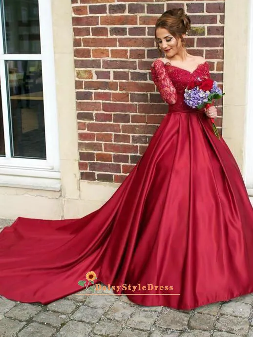 Ball Gown Long Sleeve Burgundy Wedding Dress