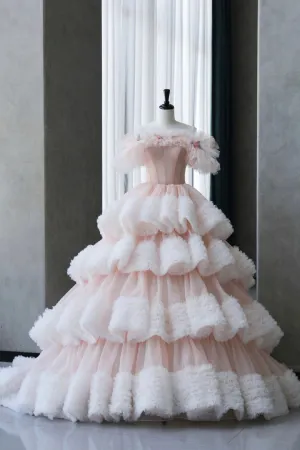 Ball Gown Off Shoulder Pink Tulle Long Prom Dress, Sweet 16 Dress